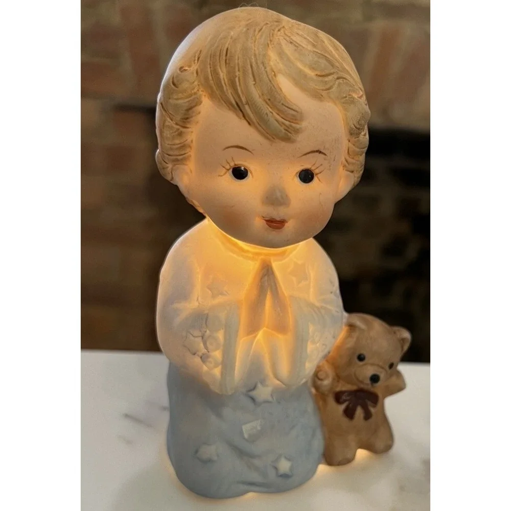 Vintage I.W. Rice Porcelain Child Bear Praying Lamp/ Night Light